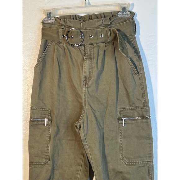 Fashion Nova High-Waisted Olive Cargo Pants With Belt & Zippered Pockets - Picture 5 of 14